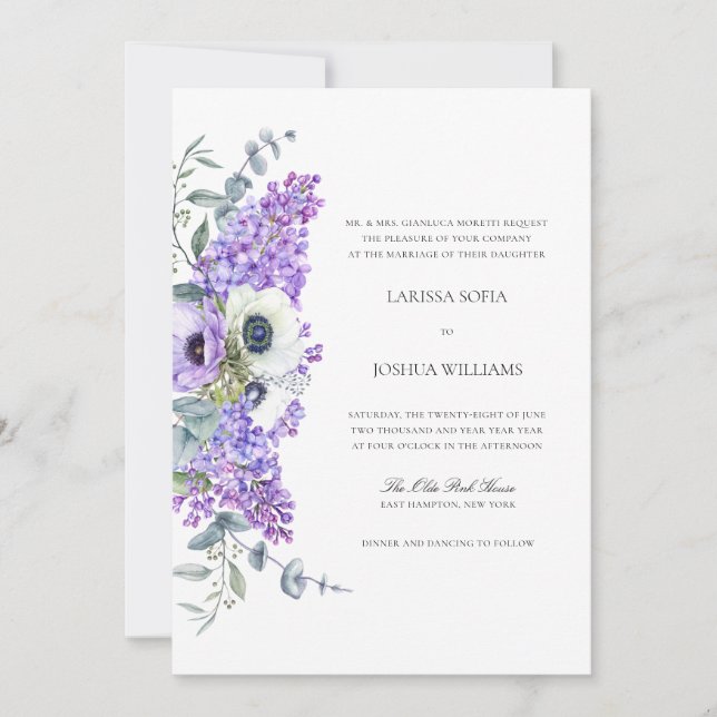 Larissa Elegant Lila Blumen All-in-One Hochzeit Einladung (Vorderseite)