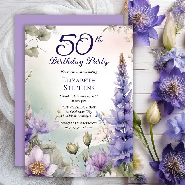 Larkspur | Water Lily Floral 50th Birthday Party Einladung (Elegant Boho Larkspur and Water Lilies Floral 50th Birthday Party Invitation - Print | Digital)