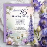 Larkspur Water Lily Floral Sweet 16 Geburtstagspar Einladung<br><div class="desc">Elegantes Larkspur- und Wasserlililiendesign "Sweet 16 Birthday Party" mit einem Blumenrahmen lila Larkspur- und Wasserlililililien auf pastellfarbenem Aquarell.</div>