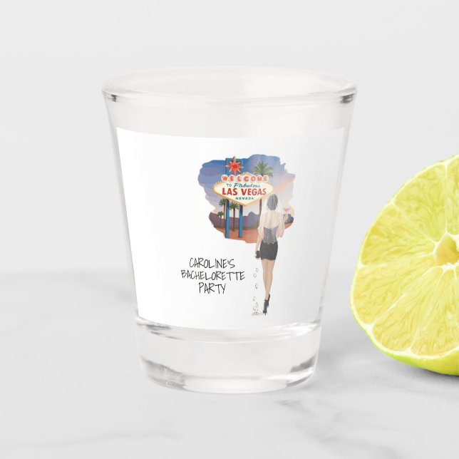 Las Vegas Bachelorette Black Hair Bride Schnapsglas (Vorderseite)