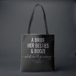 Las Vegas Bachelorette Funny Bride Besties Booze Tasche<br><div class="desc">Funny Black und Gray Las Vegas Bachelorette individuelle Totttasche mit "Eine Braut, ihre Bestien, und Stiefel ... was könnte schief gehen?" lustiges Zitat in modernen, großen Schriftart mit Kalligraphie-Schriftzeichen-Akzent und personalisierten Text für den Anlass, Datum und Ort. Alle Farben und Schriftart sind editierbar, wenn Sie Ihre eigene lustige Bachelorette-Tasche für...</div>
