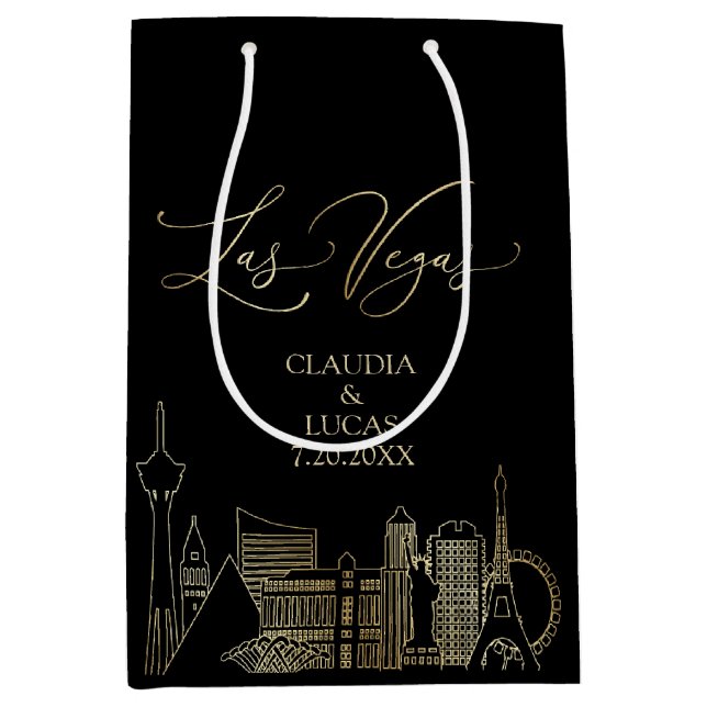 Las Vegas Black and Gold Wedding Mittlere Geschenktüte (Vorderseite)