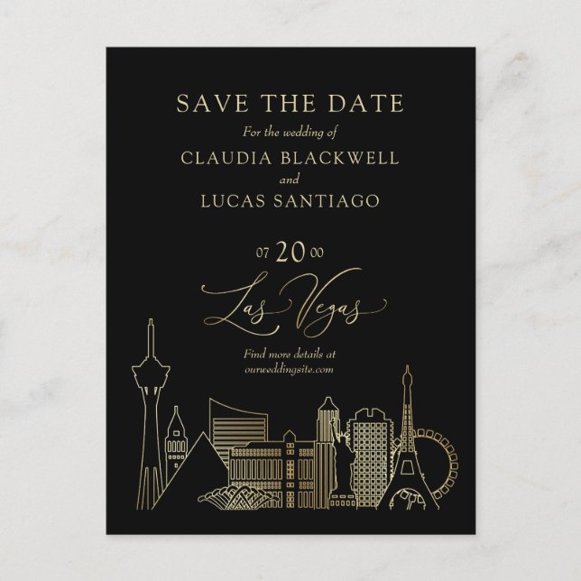 Las Vegas Black and Gold Wedding Postkarte (Vorderseite)