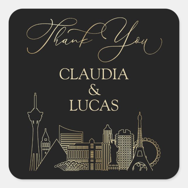 Las Vegas Black and Gold Wedding Quadratischer Aufkleber (Vorderseite)