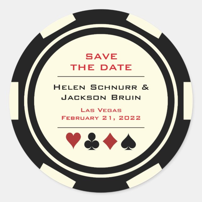 Las Vegas Black Cream Poker Chip Save the Date Runder Aufkleber (Vorderseite)