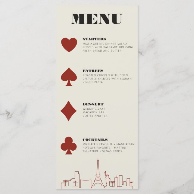 Las Vegas Casino Skyline Hochzeitsempfang Menükarte (Vorderseite)
