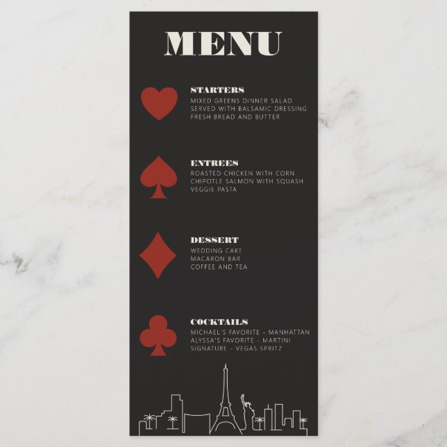 Las Vegas Casino Skyline Hochzeitsempfang Menükarte (Vorderseite)