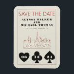Las Vegas Casino Skyline Wedding Save the Date Magnet<br><div class="desc">Eine lustige und moderne Hochzeit Save the Date Magnet, um Ihre Gäste für Ihre Hochzeit in Las Vegas zu begeistern! Save the Date mit grafisch schwarzen, fett formatierten Anzug-Grafiken, einem modernen Las Vegas Skyline-Rendering und vollständig anpassbarem Schriftart und Text auf Elfenbein-Creme-Hintergrund. Auf der Rückseite können Sie für Ihre eigene Hochzeitswebsite...</div>