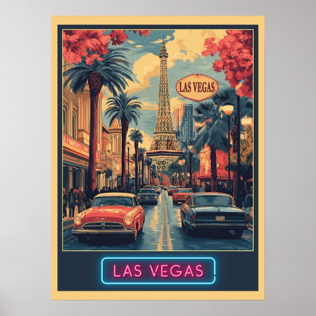 Las Vegas Cityscape mit Eiffelturm - Retro Poster (Vorne)