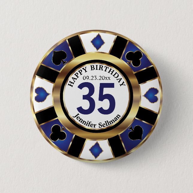Las Vegas Happy Birthday in Dark Blue Poker Chip Button (Vorderseite)