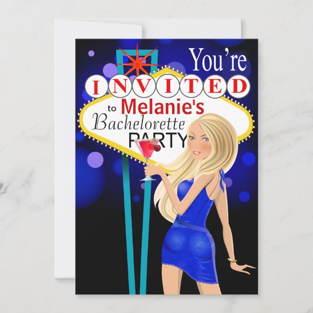 Las Vegas Junggeselinnen-Abschied blau Einladung (Vorderseite)