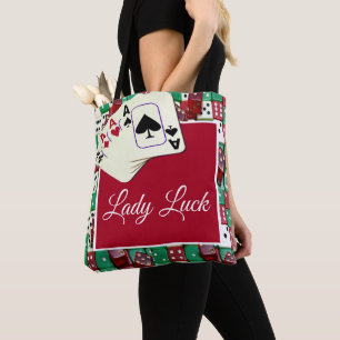 Las Vegas-Kasino-Würfel und Karten mit Dame Luck Tasche