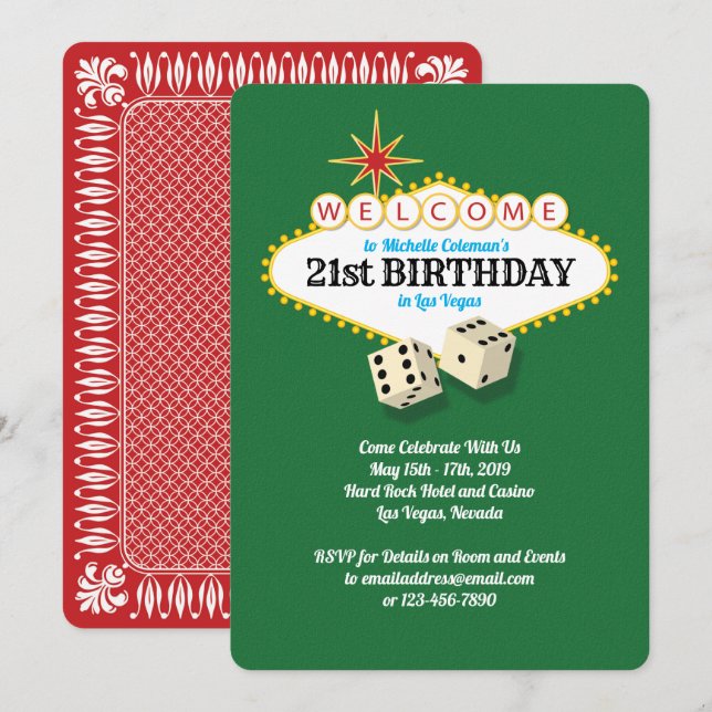 Las Vegas Marquee Birthday Party Green Einladung (Vorne/Hinten)