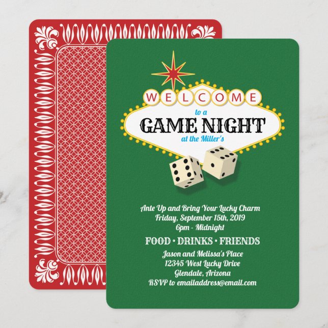 Las Vegas Marquee Game Night Green Einladung (Vorne/Hinten)