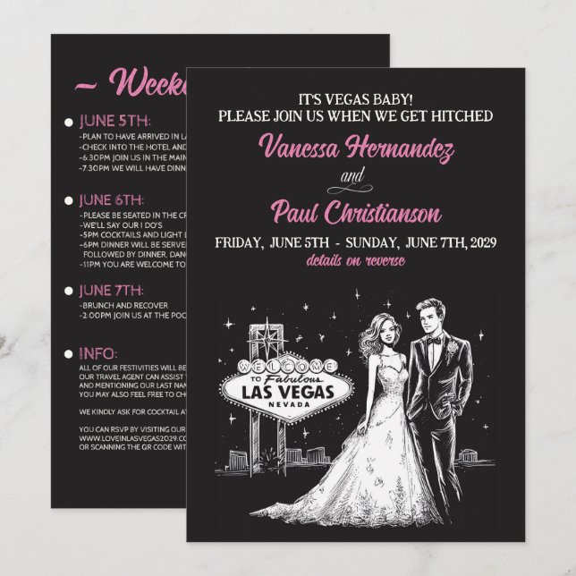 Las Vegas mit QR Code Hochzeit Einladung (Vorne/Hinten)