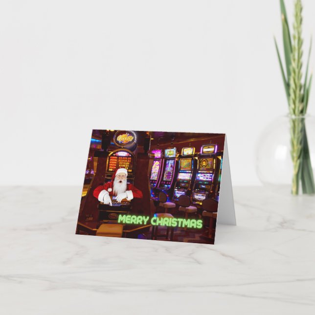 Las Vegas Santa inside Slot Machine Christmas Card Dankeskarte (Vorderseite)