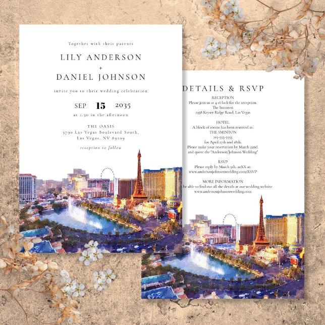 Las Vegas Skyline Watercolor All In One Wedding Einladung (Las Vegas Skyline Watercolor All In One Wedding Invitation)