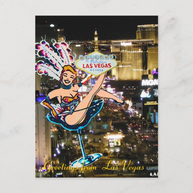 Las Vegas Strip, Showgirl und Welcome Sign Postkarte (Vorderseite)