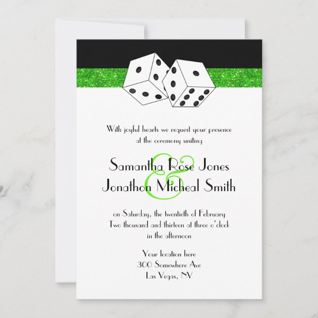 Las Vegas Wedding Dice Thema Green Imitats Glitzer Einladung (Vorderseite)