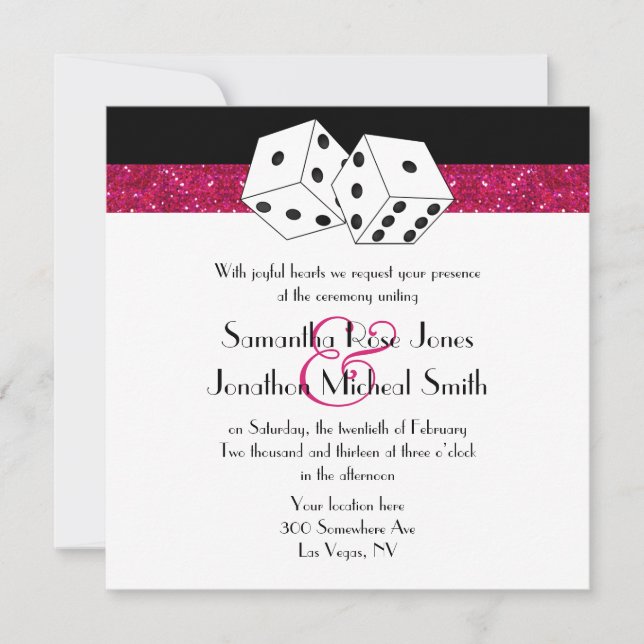 Las Vegas Wedding Dice Theme Hot Pink Imitats Glit Einladung (Vorderseite)