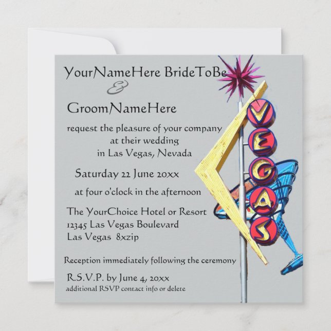 Las Vegas Wedding Neon Sign auf Silbergrau Einladung (Vorderseite)