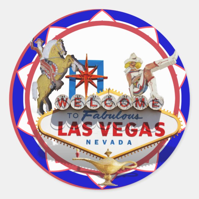 Las Vegas Welcome Sign Red & Blue Poker Chip Runder Aufkleber (Vorderseite)