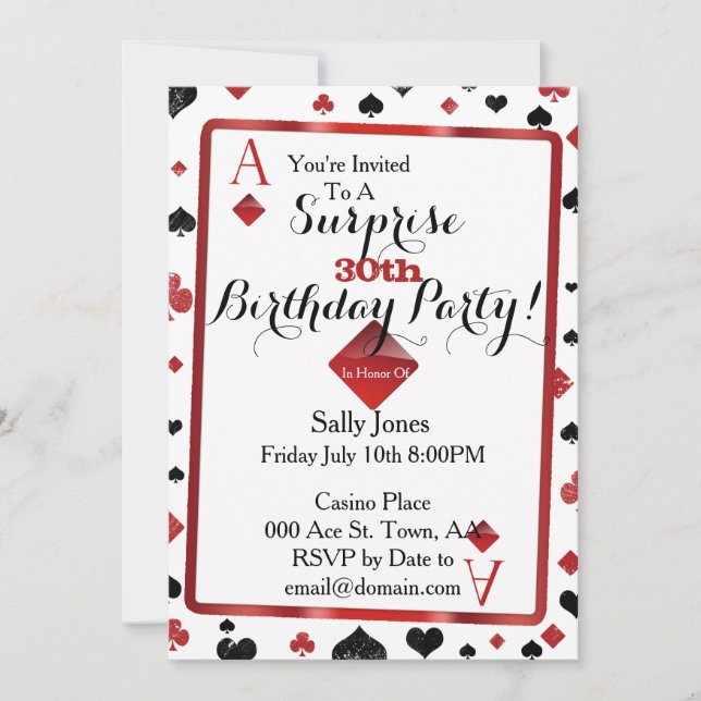 Las- Vegaskasino-Überraschungs-Geburtstags-Party Einladung (Vorderseite)