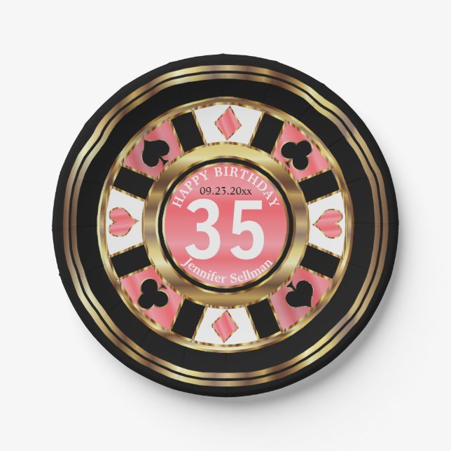 Las- VegasPoker-Chip-korallenrotes Pappteller (Vorderseite)
