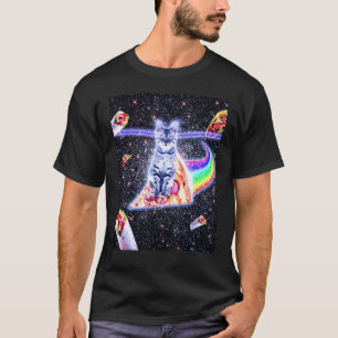 Laser-Augen Weltraumkatze reitet Regenbogenpizza T-Shirt