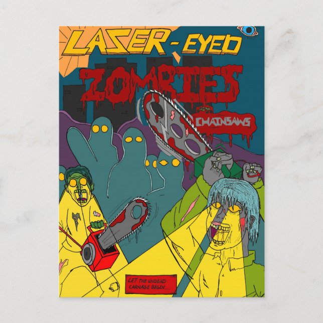 Laser-Mit Augen Zombies mit Chainsaws-Postkarte Postkarte (Vorderseite)