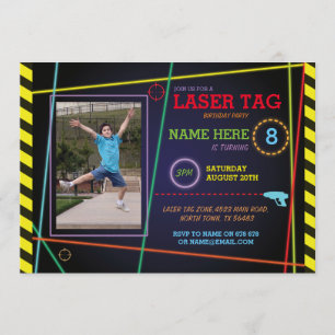 Laser Tag Foto Geburtstagsneon Einladung