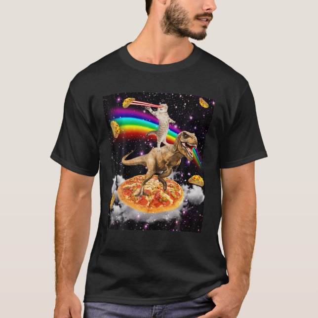 Laseraugenkatze auf Dinosauriern auf Pizza mit Tac T-Shirt (Vorderseite)