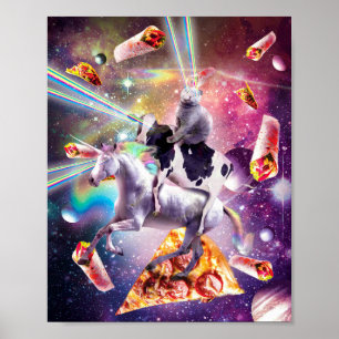 Laseraugenraumkatze auf Kuh Unicorn - Regenbogen Poster