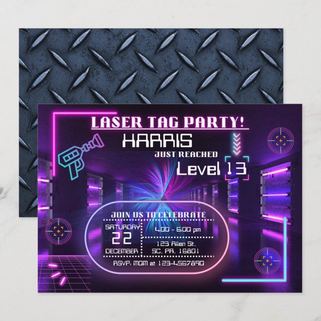 Lasertag Geburtstagsparty Einladung für Junge/Mädc (Vorne/Hinten)