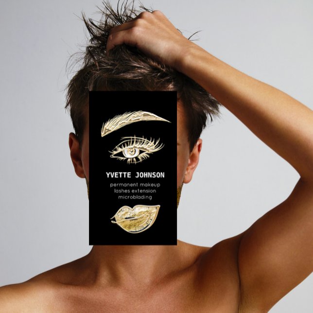Lash Brows Permanent Makeup Logo QRCode Black Gold Visitenkarte (Lash Brows Permanent Makeup Logo QRCode Black Gold Business Card)