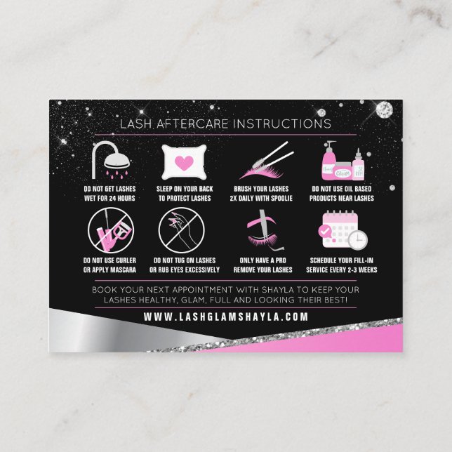 Lash-Erweiterungen nach der Pflege Glam Pink Diamo Visitenkarte (Rückseite)