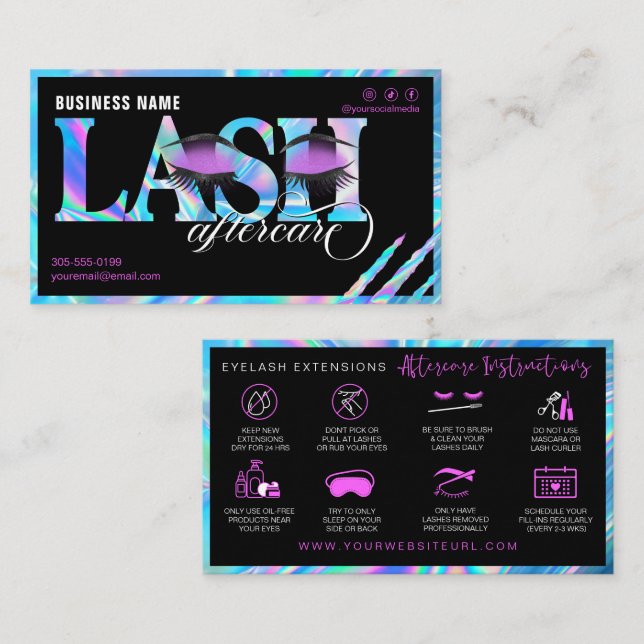 Lash Extensions Aftercare Holographic Glitzer Eyes Visitenkarte (Vorne/Hinten)