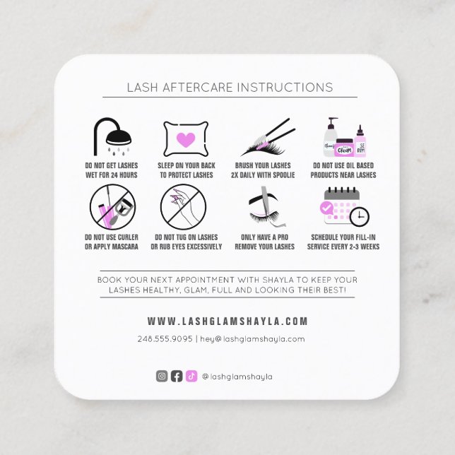 Lash Extensions Aftercare Instructions Fuchsia Squ Quadratische Visitenkarte (Rückseite)