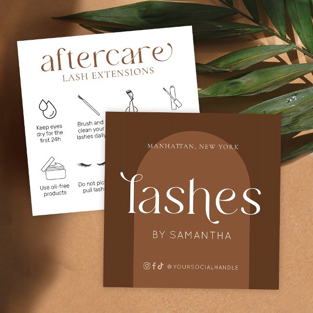 Lash Extensions Aftercare Modern Boho Terracotta Quadratische Visitenkarte (Modern boho lash extensions after care cards featuring trendy fonts and lash care icons)