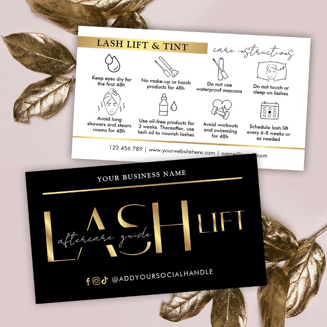 Lash Lift & Tint Aftercare Guide Glam Black & Gold Visitenkarte (Von Creator hochgeladen)