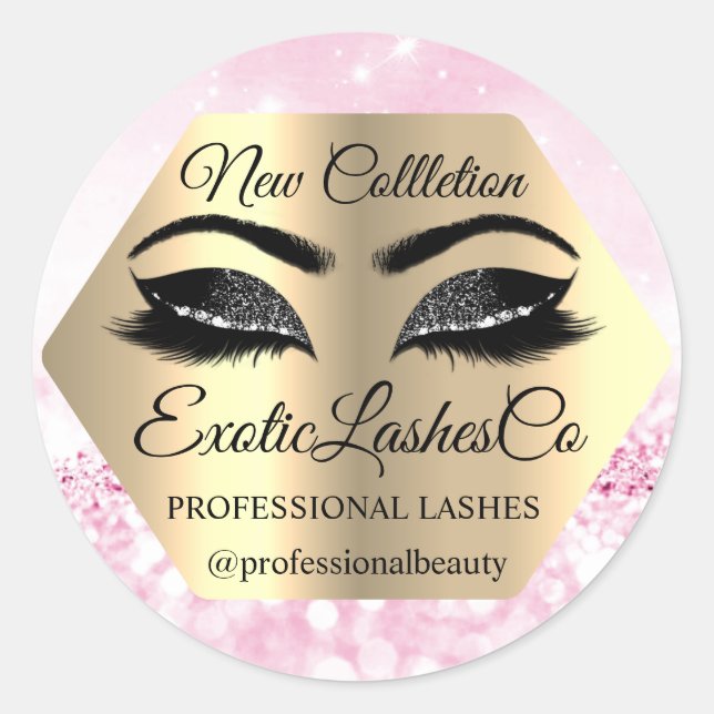 Lash Packaging Makeup Artist Gold Pink GLITZER Runder Aufkleber (Vorderseite)