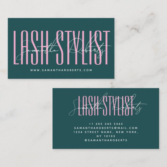 Lash stylist modern typography script green pink visitenkarte (Vorne/Hinten)