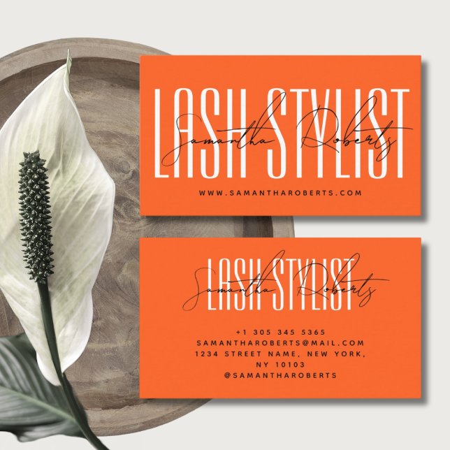 Lash Stylist moderne Typografie Drehbuch neonange Visitenkarte (Von Creator hochgeladen)