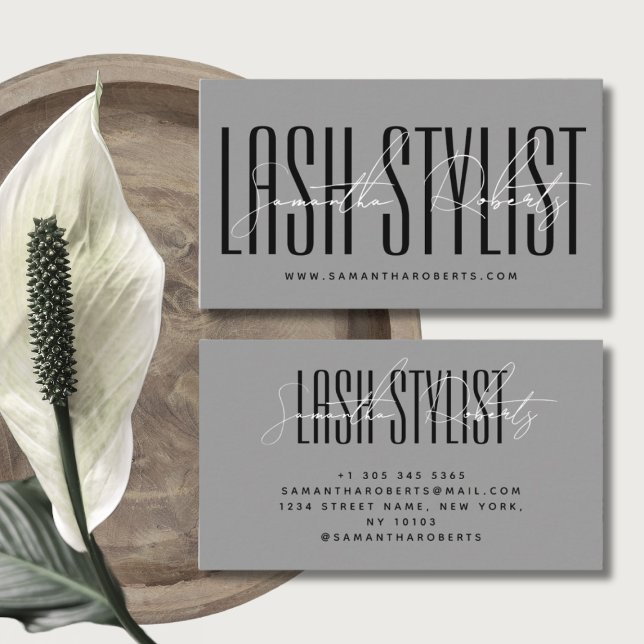 Lash Stylist moderne Typografie-Schrift grau Visitenkarte (Von Creator hochgeladen)