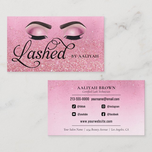 Lash Tech Rosen Red Pink Glam Glitzern Eyes Visitenkarte (Vorne/Hinten)