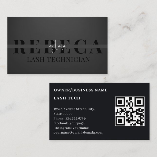 Lash Tech Salon Foto Black Luxury QR Code Visitenkarte (Vorne/Hinten)
