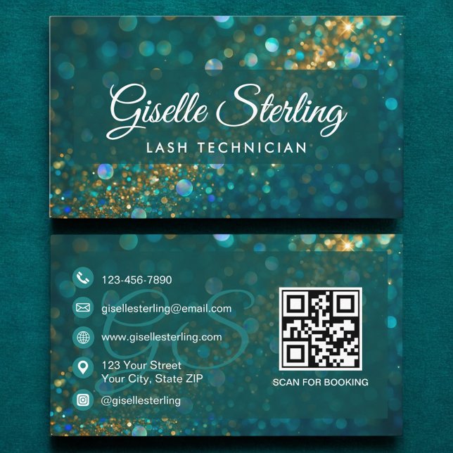 Lash Techniker Aquamarin Gold Glitzer QR Code Luxu Visitenkarte (Von Creator hochgeladen)