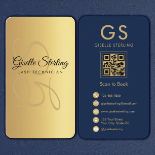 Lash Techniker Gold Navy Blue QR Code Monogram Visitenkarte