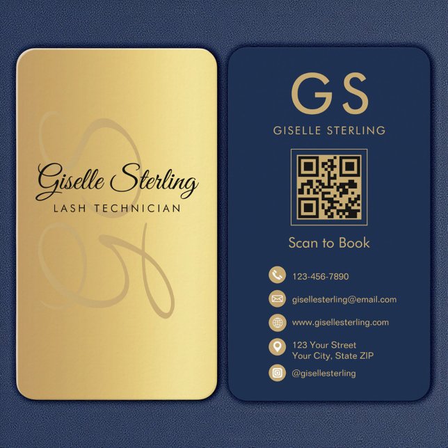 Lash Techniker Gold Navy Blue QR Code Monogram Visitenkarte (Von Creator hochgeladen)