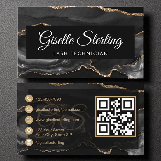 Lash Techniker QR Code Black Gold Agate Luxus Visitenkarte (Von Creator hochgeladen)